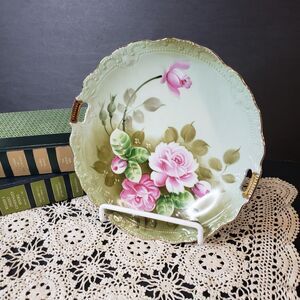 Beautiful Shabby Chic Vintage Lefton Japan Green Hand Painted Pink Roses Plate